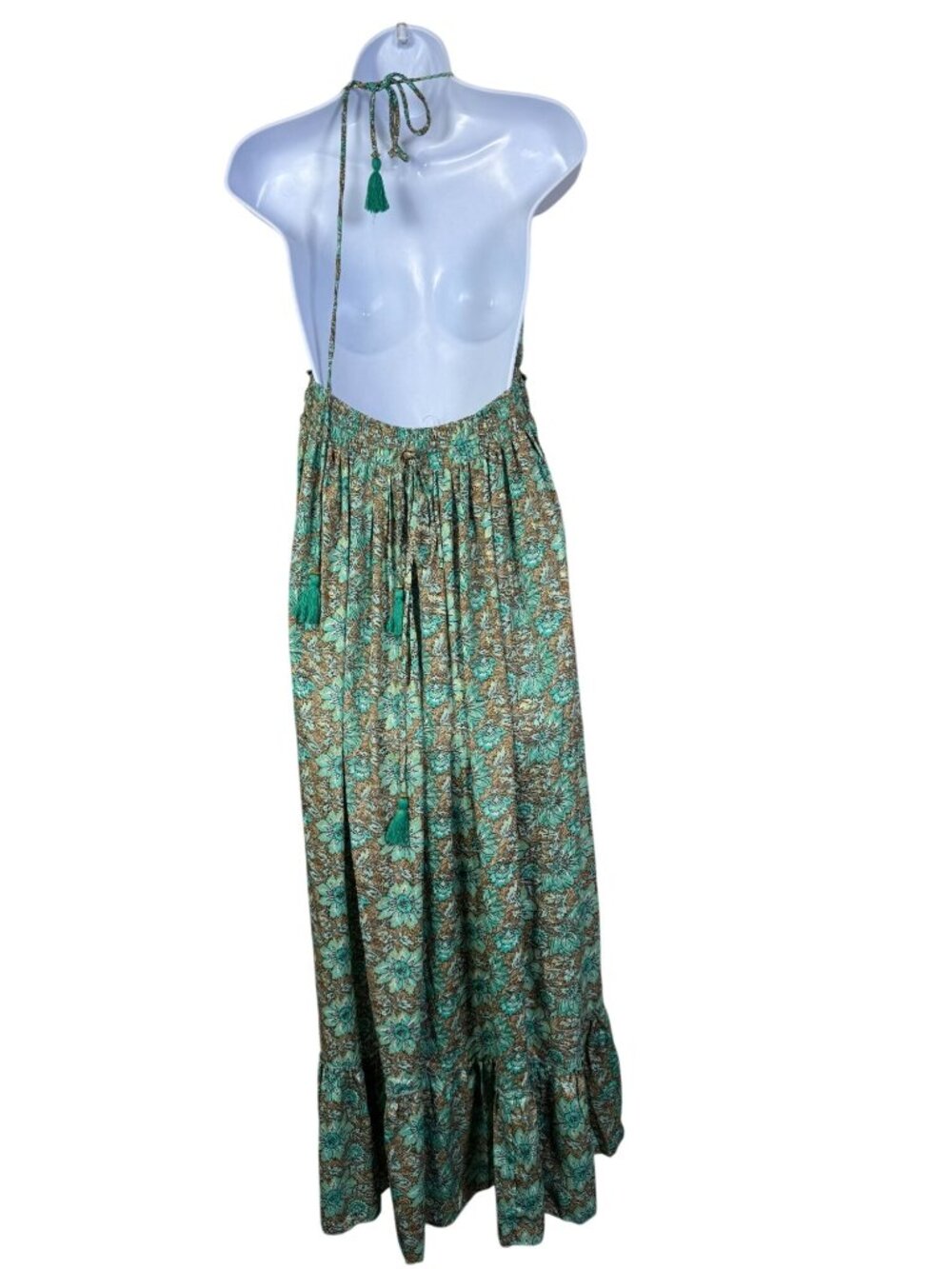 Shasha Silk Blend Floral Halter Midi Dress Tassel Tie Green size M/L resort wear